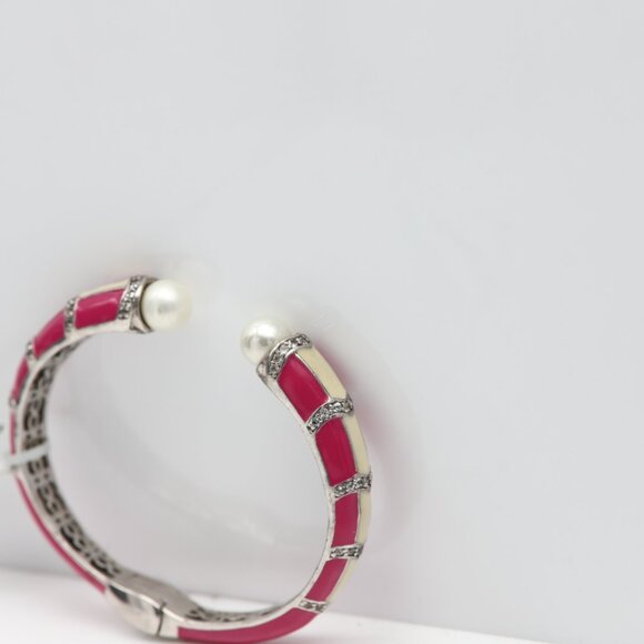 Sterling Silver Bangle Cuff Bracelet Pink and White Enamel Quartz stones and Pea - Picture 8 of 10